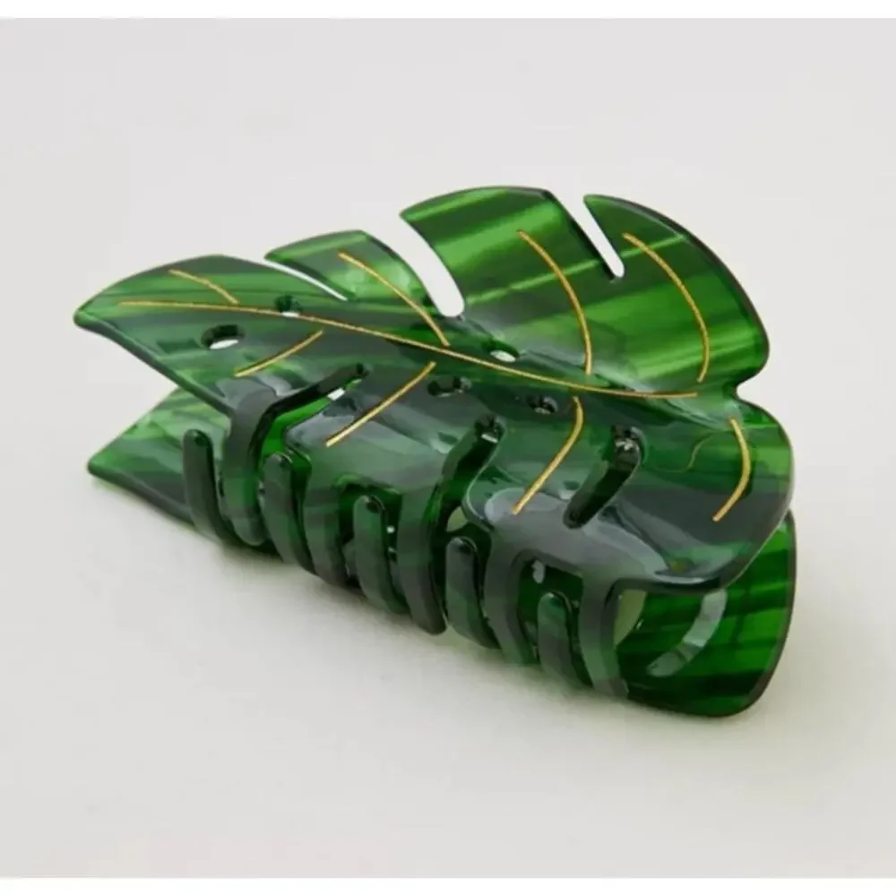 NEW ANTHROPOLOGIE Dark Green Gold Palm Monstera Leaf Plastic Hair Claw Clip